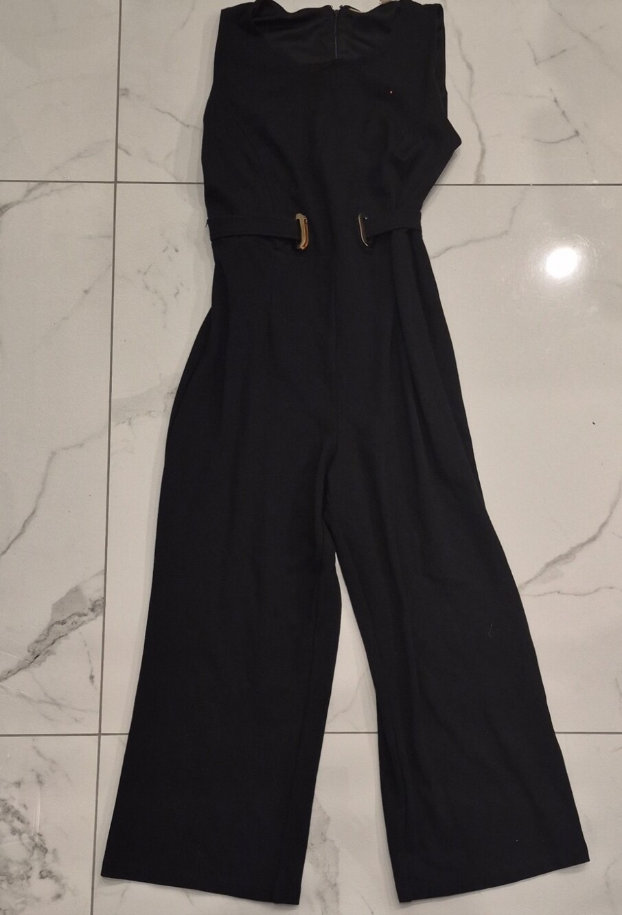 Tahari Black Sleeveless Wide-Leg Jumpsuit with Gold Buckle Detail